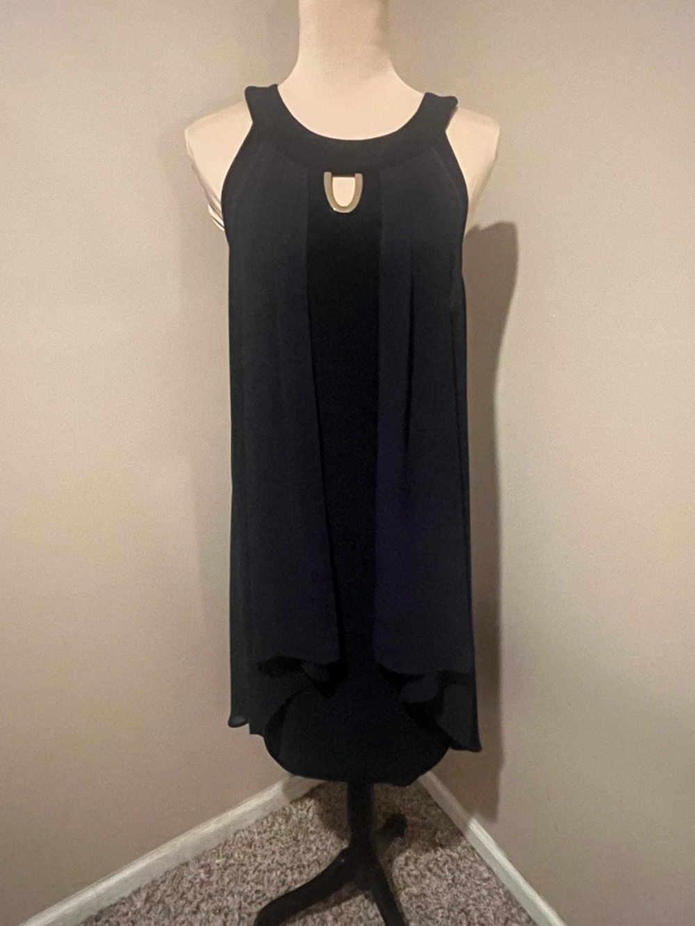 Joseph Ribkoff Navy High-Low Sleeveless Sheath with gauzy overlay, gold accent,6